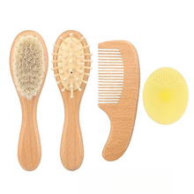 Load image into Gallery viewer, Natural Wooden Baby Hair Brush and Comb Set with Ultra Soft Goat Bristles
