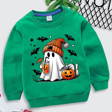 Load image into Gallery viewer, Cozy Halloween Sweatshirt for Kids with Ghost Pumpkin and Bat Design