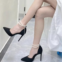 Load image into Gallery viewer, Elegant Black Stiletto Pumps with Pearl Anklet