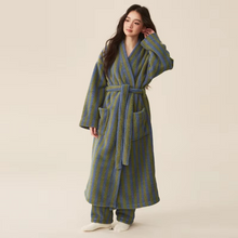 Load image into Gallery viewer, Winter Fleece Long Bathrobe with Modern Striped Design