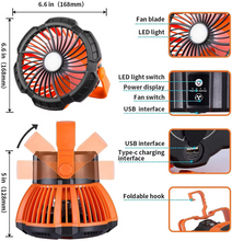 Load image into Gallery viewer, Rechargeable Camping Fan with LED Light, Remote Control and Hanging Hook