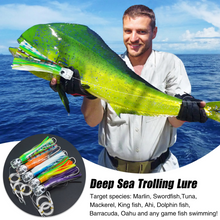 Load image into Gallery viewer, 5pcs Rigged Trolling Skirt Tuna Lures for Mahi, Marlin, Shark, and Wahoo – Big Game Saltwater Fishing Lures