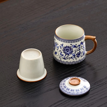 Load image into Gallery viewer, Blue and White Ceramic Tea Mug with Lid, Handmade Floral Porcelain Coffee Cup