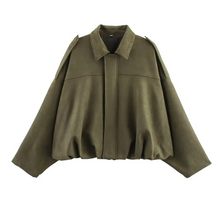 Load image into Gallery viewer, Women's Faux Suede Cropped Bomber Jacket with Batwing Sleeves