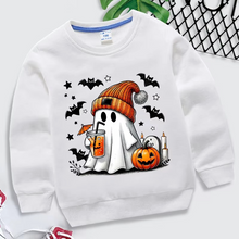 Load image into Gallery viewer, Cozy Halloween Sweatshirt for Kids with Ghost Pumpkin and Bat Design