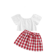 Load image into Gallery viewer, Baby Girl Summer Outfit Set with Off Shoulder Lace Top, Plaid Dress, and Matching Headband