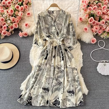 Load image into Gallery viewer, Chic Floral V-Neck Chiffon Summer Dress with Puff Sleeves – Mid Length Empire Waist