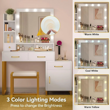 Load image into Gallery viewer, Elegant Vanity Desk with Mirror, LED Lights, Charging Station and Matching Chair