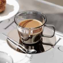 Load image into Gallery viewer, Vintage Smoke Gray Glass Coffee Cup and Saucer Set with Spoon
