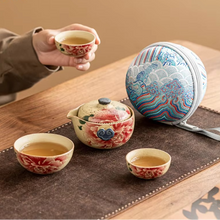 Load image into Gallery viewer, Hand Drawn Floral Ceramic Travel Tea Set with Pot and 3 Cups