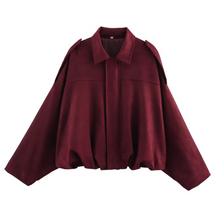 Load image into Gallery viewer, Women's Faux Suede Cropped Bomber Jacket with Batwing Sleeves