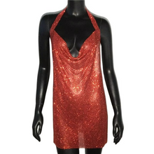 Load image into Gallery viewer, Luxury Crystal Rhinestone Sequin Mini Dress for Women Backless Halter Slit Metal Mesh Cocktail and Evening Dress