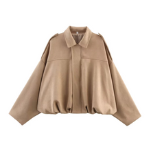 Load image into Gallery viewer, Women's Faux Suede Cropped Bomber Jacket with Batwing Sleeves