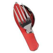 Load image into Gallery viewer, 4-in-1 Compact Travel Utensil Set – Knife, Fork, Spoon, and Bottle Opener Combo for Outdoor Adventures