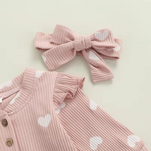 Load image into Gallery viewer, Baby Girl Valentine’s Day Ruffle Ribbed Romper with Headband
