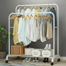 Load image into Gallery viewer, Heavy Duty Clothes Rack, Rolling Garment Rail with Double Rods and Lower Storage Shelf