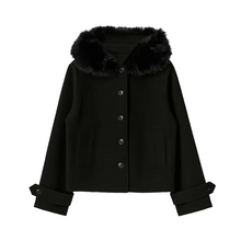 Load image into Gallery viewer, Elegant Wool Blend Hooded Women’s Coat with Detachable Fur Collar and Pockets
