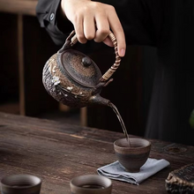 Load image into Gallery viewer, Japanese Style Handmade Ceramic Teapot with Silver Rattan Handle, 10 oz