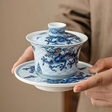 Load image into Gallery viewer, Blue and White Chinese Dragon Ceramic Gaiwan Tea Set
