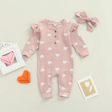 Load image into Gallery viewer, Baby Girl Valentine’s Day Ruffle Ribbed Romper with Headband