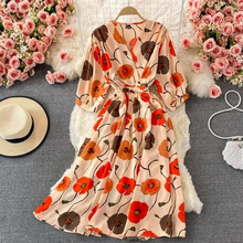 Load image into Gallery viewer, Chic Floral V-Neck Chiffon Summer Dress with Puff Sleeves – Mid Length Empire Waist
