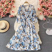 Load image into Gallery viewer, Chic Floral V-Neck Chiffon Summer Dress with Puff Sleeves – Mid Length Empire Waist