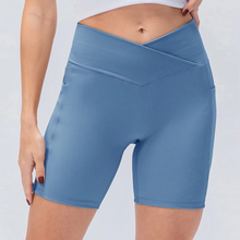 Load image into Gallery viewer, Women's Crossover Workout Shorts Yoga and Fitness Bottoms Casual Comfort Denim Look