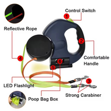 Load image into Gallery viewer, Dual Dog Retractable Leash with Built-In Flashlight and Bag Dispenser