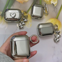 Load image into Gallery viewer, Electroplated Silver Soft TPU AirPods Case with Mirror Finish and Heart Keychain