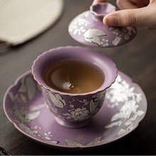 Load image into Gallery viewer, Purple Gilt Silver Butterfly Flower Porcelain Gaiwan Tea Bowl with Lid