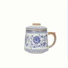 Load image into Gallery viewer, Blue and White Ceramic Tea Mug with Lid, Handmade Floral Porcelain Coffee Cup