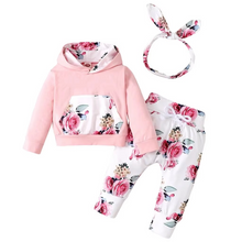 Load image into Gallery viewer, Baby Girl 3-Piece Floral Hoodie Set with Pants and Bow Headband