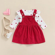 Load image into Gallery viewer, Baby Girl Heart Print Suspender Skirt and Long Sleeve Romper Set