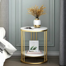 Load image into Gallery viewer, 2-Tier Round White Marble Side Table, Coffee Table and Nightstand with Storage