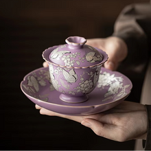 Load image into Gallery viewer, Purple Gilt Silver Butterfly Flower Porcelain Gaiwan Tea Bowl with Lid