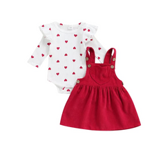 Load image into Gallery viewer, Baby Girl Heart Print Suspender Skirt and Long Sleeve Romper Set