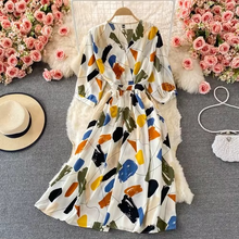 Load image into Gallery viewer, Chic Floral V-Neck Chiffon Summer Dress with Puff Sleeves – Mid Length Empire Waist