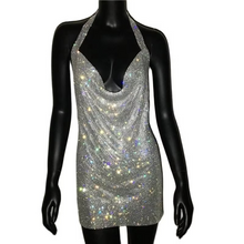 Load image into Gallery viewer, Luxury Crystal Rhinestone Sequin Mini Dress for Women Backless Halter Slit Metal Mesh Cocktail and Evening Dress