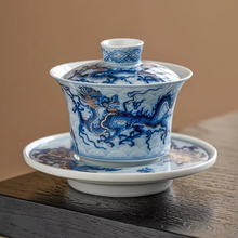 Load image into Gallery viewer, Blue and White Chinese Dragon Ceramic Gaiwan Tea Set