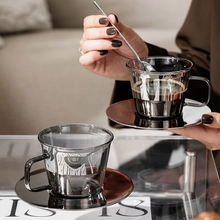 Load image into Gallery viewer, Vintage Smoke Gray Glass Coffee Cup and Saucer Set with Spoon