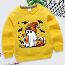 Load image into Gallery viewer, Cozy Halloween Sweatshirt for Kids with Ghost Pumpkin and Bat Design