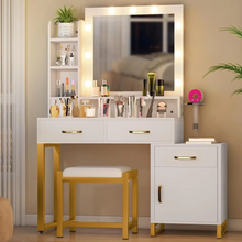 Load image into Gallery viewer, Elegant Vanity Desk with Mirror, LED Lights, Charging Station and Matching Chair