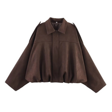 Load image into Gallery viewer, Women's Faux Suede Cropped Bomber Jacket with Batwing Sleeves