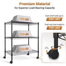 Load image into Gallery viewer, Heavy Duty 3-Shelf Steel Storage Rack with Locking Wheels, Adjustable Height, 750 lb Capacity