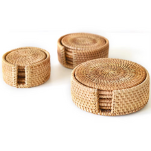 Load image into Gallery viewer, Natural Woven Rattan Coaster Set with Holder, 6 Piece Table Protection Set for Drinks and Decor