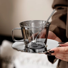 Load image into Gallery viewer, Vintage Smoke Gray Glass Coffee Cup and Saucer Set with Spoon