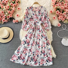 Load image into Gallery viewer, Chic Floral V-Neck Chiffon Summer Dress with Puff Sleeves – Mid Length Empire Waist
