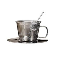 Load image into Gallery viewer, Vintage Smoke Gray Glass Coffee Cup and Saucer Set with Spoon