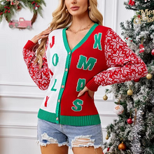 Load image into Gallery viewer, Women's Red Christmas Knit Cardigan with Embroidered Letters