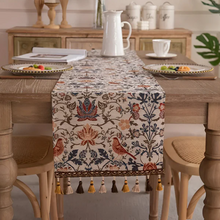 Load image into Gallery viewer, Vintage Floral Bird Jacquard Table Runner with Tasselled Edges